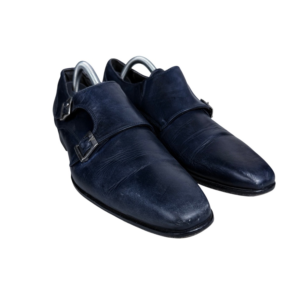 Thompson Double Monk Strap Shoes Mens 42 Navy Blue Leather Blake Italy 6713